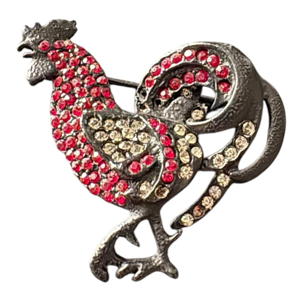 Capri signed vintage rooster clear & red rhinestone brooch on black metal. JB5